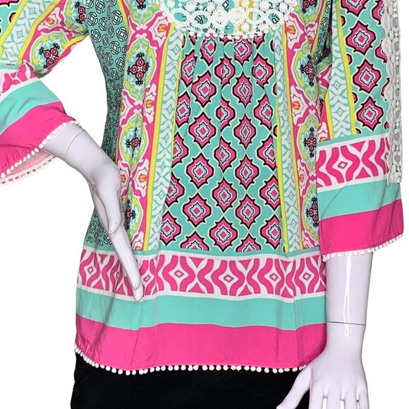Multiples Boho Top Long Sleeve Multicolor Moroccan Print Size S 100% Ray… - Picture 3 of 15